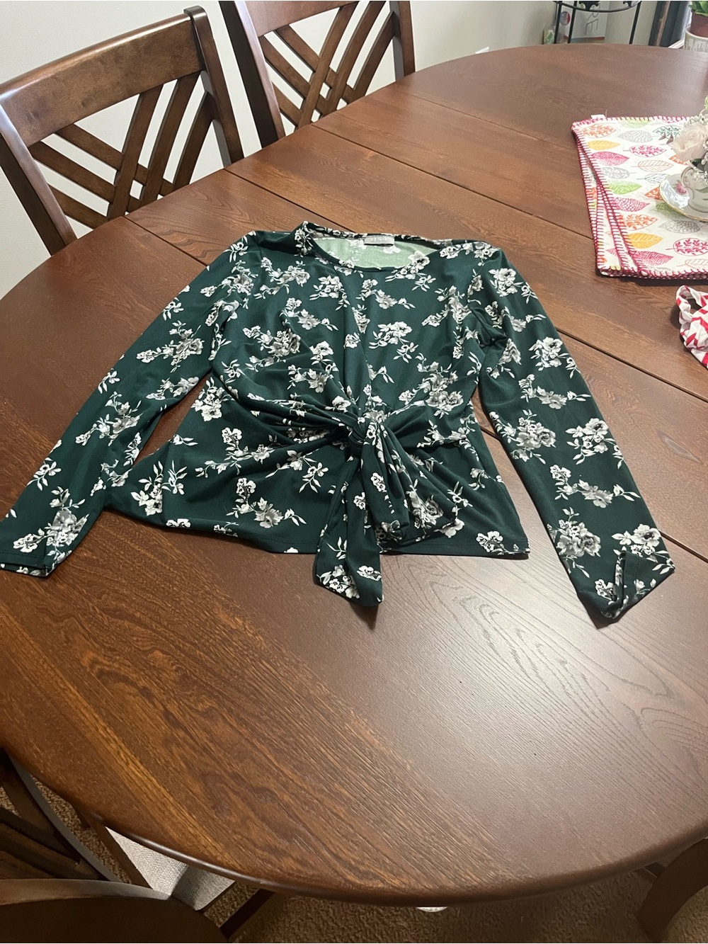 Women's Forest Green Floral Tie-Front Long Sleeve Top